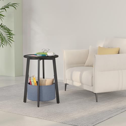 sthmec Small Round Side End Table with Cloth Storage Basket, Round Bedside Sofa Couch Coffee Tables for Small Places with Metal Frame, Modern Nighstands for Living Room Bedroom, Black - color: Black