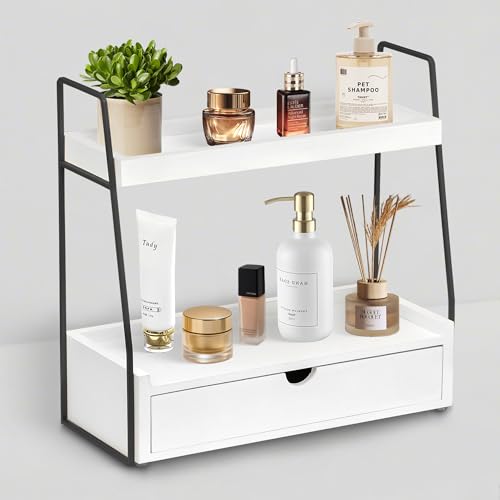 2-Tier Bathroom Organizer Countertop with Drawer, Wood Counter Organizer for Bathroom Decor, Sink Shelf for Vanity Storage, Makeup Tray for Perfume Skincare, Spice Rack Bedroom Kitchen Corner ﻿ - color: White&black