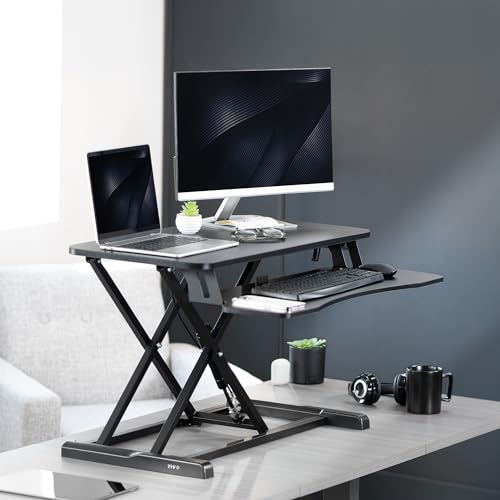 VIVO 32 inch Desk Converter, K Series, Height Adjustable Sit to Stand Riser, Dual Monitor and Laptop Workstation with Wide Keyboard Tray, Black, DESK-V000K | Height Adjustable, Stand Up Desk Riser, Wide Keyboard Tray, Dual Monitor and Laptop Workstation,