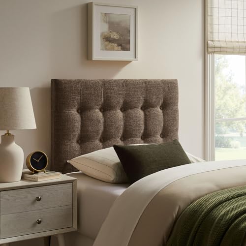 Modway Emily Twin Size Fabric Headboard in Mocha - Linen-Like Upholstery with Button Tufting and 7 Adjustable Height Positions - color: Mocha, size: Twin