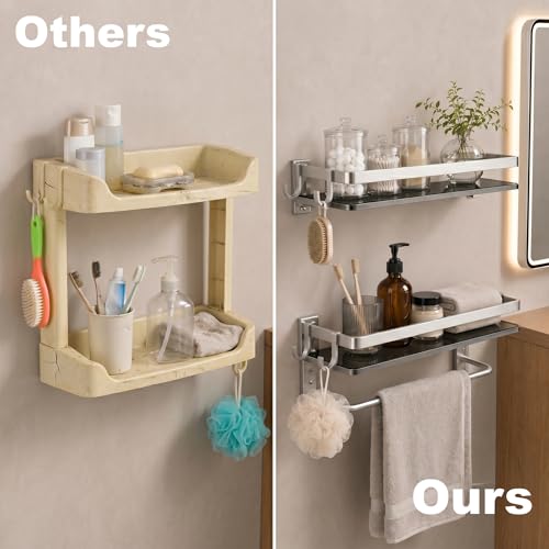 Glass Shelf for Bathroom 15.7 in Bathroom Shelves with Towel Bar Tempered Glass Shelves with 4 Removable Hooks for Wall（2 Tier） - color: Silver