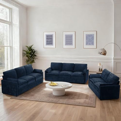 3 Pieces Chenille Sofa Set w/Two Arm Pillows, Blue | Upholstered Loveseat & 2 Pieces 3-Seater Sofa w/Soft Cushions, Modern 2-Seat & 3-Seat w/High-Density Foam for Living Room - color: Blue, size: 69" & 89" & 89" Sofa Set