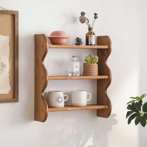 100% Solid Wood Wall Shelf 3-Tier, Rustic Floating Shelves Wall Mounted Storage Rack, Farmhouse Decor Hanging Shelf Display Shelves for Apartment, Living Room and Bedroom - color: Brown