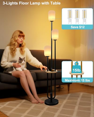 Lightdot Black Dimmable Floor Lamp with Shelf Modern Floor Lamps with Oval Striped Lampshade & Bulb Included 3-Lights Tall Lamp with 5Lbs Heavy Base for Living Room/Bedroom/Sofa Beside/Corner Decor