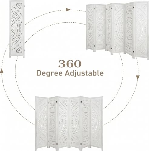 6 Panel White Room Divider, 67 Inch Wood Carved Privacy Screen, Bohemian Style Folding Room Divider, Portable Partition Wall Divider for Room Separation (White)