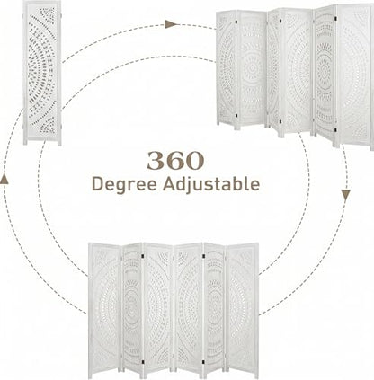 6 Panel White Room Divider, 67 Inch Wood Carved Privacy Screen, Bohemian Style Folding Room Divider, Portable Partition Wall Divider for Room Separation (White)
