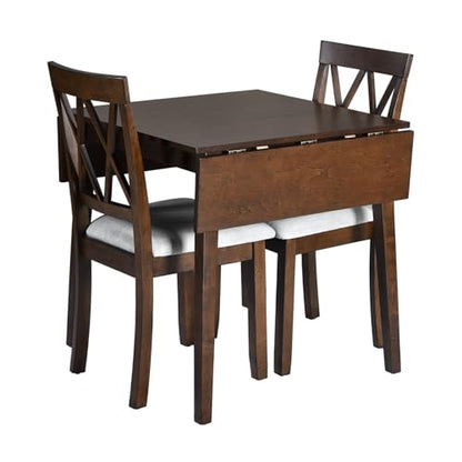 3Pcs Dining Set with Drop Leaf Dining Table and 2 X-Back Chairs, Solid Wood Kitchen Table Set for Small Place, Brown+Grey - color: Brown+grey