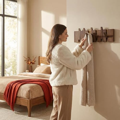 16.9" Wooden Piano Key Coat Rack Wall Mounted, 6 Hooks Natural Walnut Wall Coat Rack, Wall Mounted Coat Rack for Hanging Coats/Hats/Keys/Towels/Bags - size: 6 Hooks