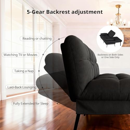 COMHOMA 72″ Convertible Futon Sofa Bed, Adjustable Backrest, Black | Breathable Fabric Futon Couch with Pillows,Multi-angle Ergonomic Reclining,Space-saving Sleeper Sofa for Living Room - color: Black