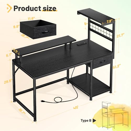 EnHomee 40" Gaming Desk with Drawer, Storage Shelves & LED for Gaming Room | Storage Drawer & Shelves Plus Remote LED Lights; Hold Gadgets and Create Ambient Vibe for Living & Gaming Corner, Black - color: Black, size: 40" W