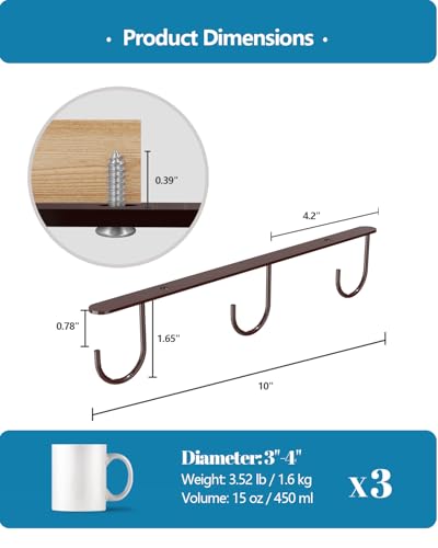 3 Pack Mug Hooks Under Cabinet with 9 Hooks for Displaying Mugs, Brown | Coffee Mug Holder for Hanging Under Shelf, Cup Hanger, Coffee Cups and Kitchen Utensils - color: Brown