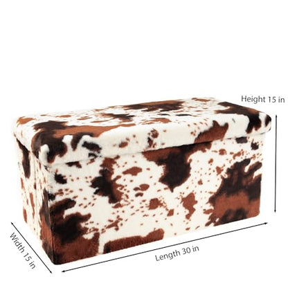 Luxe Faux Fur Storage Ottoman, Cowhide Brown/White, 30 x 15 x 15 in | Engineered Wood, Tool-Free Assembly, Modern Style, Seat And Footrest - color: Cowhide Brown/White, size: 30"D x 15"W x 15"H