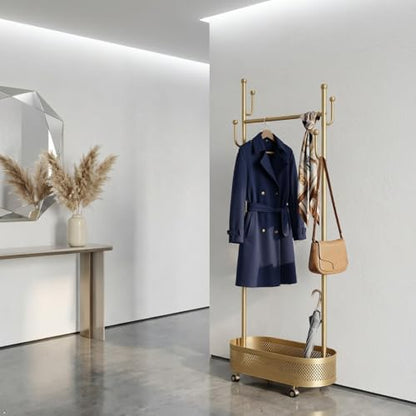 Gold Wheeled Cactus Metal Coat Rack Freestanding Garment Organizer | Double Sided, Modern Style, Powder Coated, for Entryway and Bedroom, 24x14x66.93 Inches - color: Gold