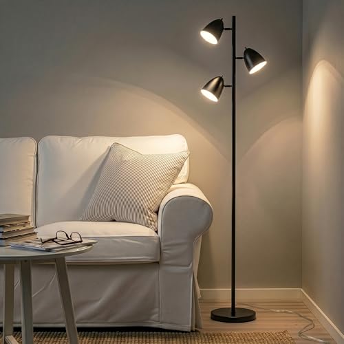 Brightech Jacob LED Standing Lamp, Modern Bright Floor Lamps for Living Rooms & Bedrooms, Tall LED Lighting Lamp with Adjustable 3 Light Tree – Classic Black - color: Black