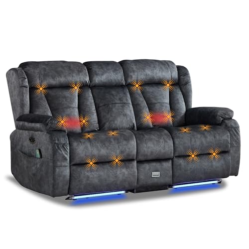 Power Loveseat Recliner with Console,Zero Wall Hugger RV Reclining Loveseat | 69.7"RV Recliner Couch Sofa with Massage and Heat,AC Outlet,USB Ports,LED Light for Living Room Home Theater Small Space - color: Grey, size: Loveseat with console