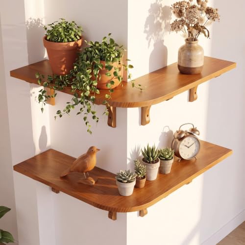 Pinkunn 2 Set Wood Floating Corner Shelves L-Shaped Wrap Around Wall Mounted Display Racks, Large Rustic Storage Bookshelf for Living Room, Bedroom & Kitchen, Easy Assembly