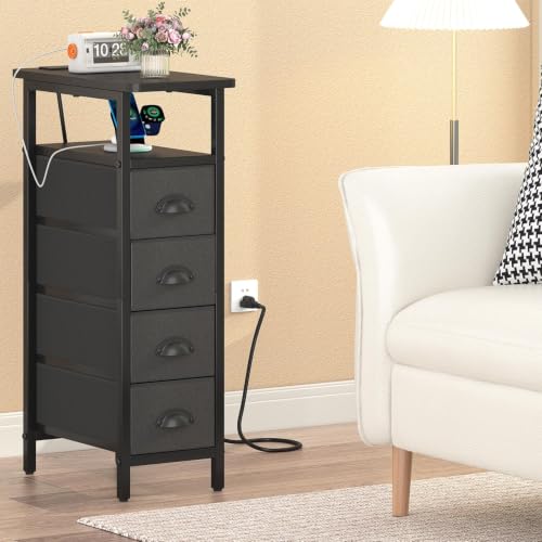sthmec Nightstand with Charging Station, Narrow Night Stand Set of 2 with 4 Drawers, Skinny Side Table with Fabric Drawers,Slim Sofa Couch Tables for Small Spaces,Living Room,Bedroom, Black - color: Black, style: Power