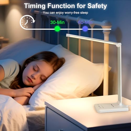 White crown LED Desk Lamp Dimmable Table Lamp Reading Lamp with USB Charging Port, 5 Lighting Modes, Sensitive Control, 30/60 Minutes Timer (White, First-Generation) - color: White, size: first-generation