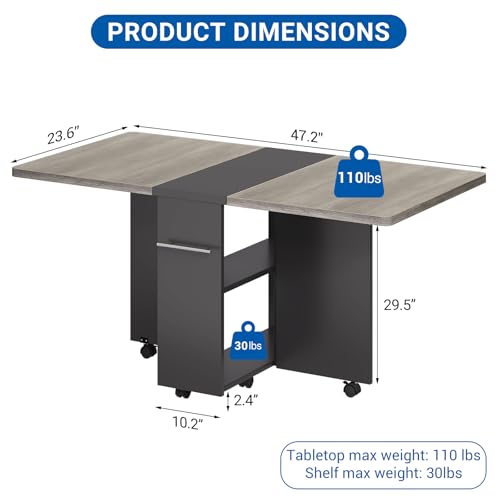 Folding Dining Table with 2-Layer Storage Rack, Drop Leaf Tables, Grey | Small Spaces, Foldable Dining Table with 3 Wheels, Kitchen Table, Dining Room - color: Grey, size: 47.2"D x 23.6"W x 29.5"H