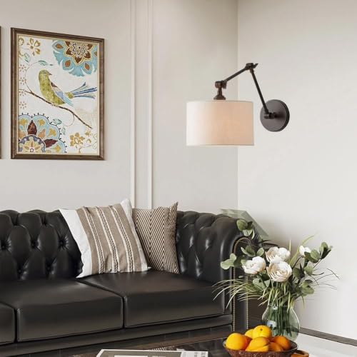 Black Bedside Wall Lamp with White Fabric Drum Shade, Modern Swing Arm Wall Sconce, Adjustable Wall Lighting Fixtures, Hardwired Wall Mounted Reading Light for Bedroom Living Room Hallway
