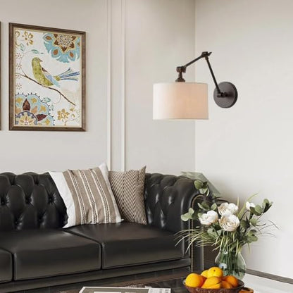 Black Bedside Wall Lamp with White Fabric Drum Shade, Modern Swing Arm Wall Sconce, Adjustable Wall Lighting Fixtures, Hardwired Wall Mounted Reading Light for Bedroom Living Room Hallway