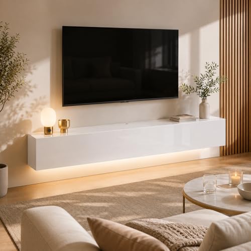 63" Floating TV Stands for Living Room w/ Storage, LED Entertainment Center | Fits TVs up to 70", Glossy Front, Hidden Storage, Wall Mounted, Cable Management, RGB LED, Easy to Clean, Modern Style - color: White