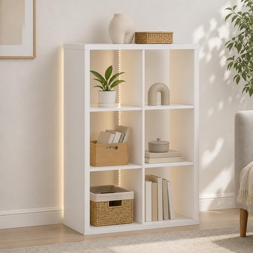 6-Cube Horizontally & Vertically Reversible Extra Thick Bookcase, LED Bookshelf, Open Back Display Storage Shelves, Book Shelf with LED Lights, for Bedroom, Living Room, Home Office, White - color: White, size: 6 Cube(LED Light)