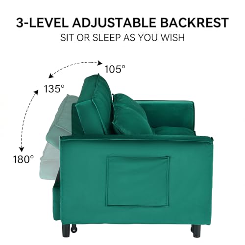 3 in 1 Convertible Sleeper Sofa Bed, Velvet Loveseat Futon Pull-Out Couch with Adjustable Reclining Backrest, Side Pockets and Pillows for Living Room, Bedroom, Apartment, Small Spaces (Green-Velvet) - color: Green-velvet