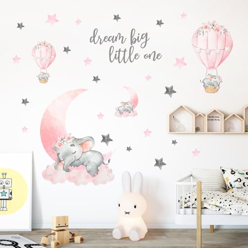 Yovkky Girls Sleeping Elephant Dream Big Little One Nursery Wall Decals | Stickers, Watercolor Pink Moon Hot Air Balloon Grey Star Crib Decor, Home Baby Shower Toddler Room Decorations Kids Bedroom - color: Pink Elephant