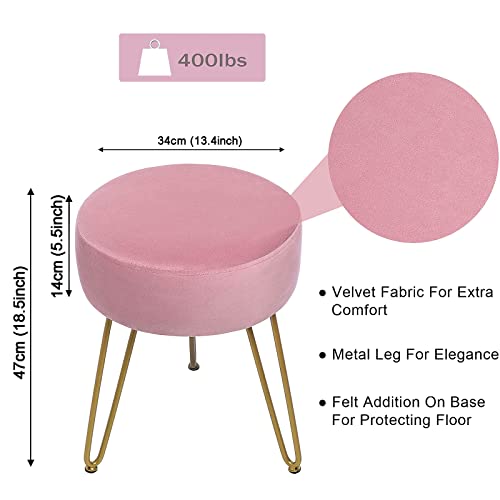GERANT Multifunctional Vanity Stools - Velvet Round Ottoman Modern Dressing Stool -Upholstered Footrest Stool - Side Table Footstool with Golden Metal Leg for Living Room, Bedroom (Pink) - color: Pink