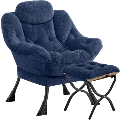 Lazy Chair with Folding Ottoman,Leisure Sofa Chair,Soft Fabric Armchair with Armrests and Side Pockets, Reading Chair with Footrest for Living Room, Bedroom, Office (Plush Navy) - color: Plush Navy