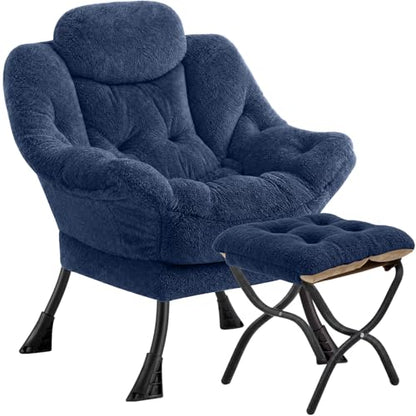 Lazy Chair with Folding Ottoman,Leisure Sofa Chair,Soft Fabric Armchair with Armrests and Side Pockets, Reading Chair with Footrest for Living Room, Bedroom, Office (Plush Navy) - color: Plush Navy