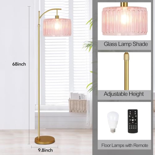ILLMTW Pink Floor Lamp for Living Room,Bedroom,Gold Dimmable Standing Lamp with Remote,Mid Century Modern Brass Tall Lamp Boho Floor Lamps Arc Stained Glass Flower Floor Light Lamp Girls kids Bohemian - size: Floor Lamp-32