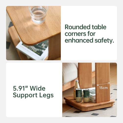 C Shaped End Table Set of 2, Solid Wood Side Table with Wheels, Natural Wood Nightstand, 2-Tier Wood Sofa Table Coffee Table for Living Room, Bedroom, Home Office(19.69" H) - color: Natural-19.69"h-2p