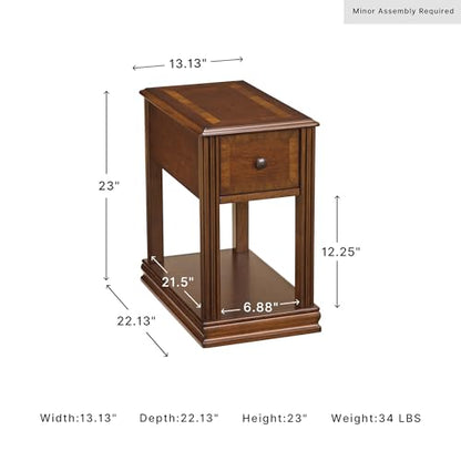 Signature Design by Ashley Breegin Narrow Chairside End Table | Rich dark brown wood veneers, Deep storage drawer with removable PVC tray, Compact 13-inch width fits tight spaces - color: Medium Brown