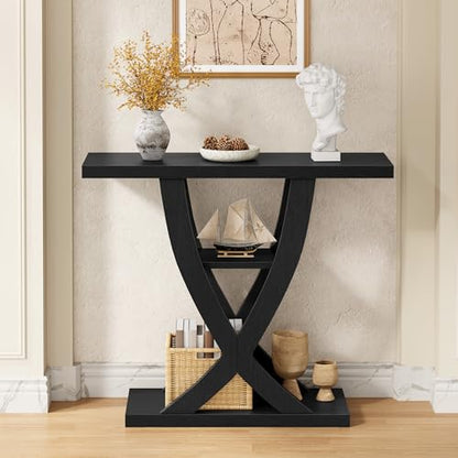 FAVOOSTY Entryway Table, 3 Tier Hallway Table, Console Tables for Living Room, Narrow Entrance Table with Storage, Sofa Table Behind Counch, Accent Table for Entry Foyer, Black - color: Black