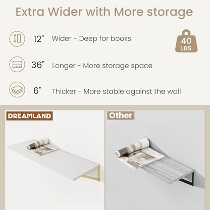 Dreamland Wall Mounted Floating Shelves Set of 2, 36x12, White&Gold | Engineered Wood, Visible Bracket, Large Storage, Hold Up to 60lbs, Living Room, Bathroom, Bedroom, Kitchen - color: White&gold, size: 36"W x 12"D