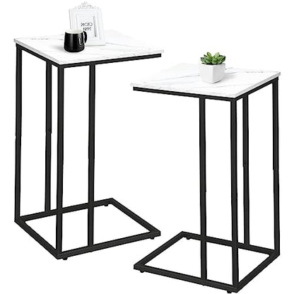C Shaped Side Table Set of 2, Marble End Table for Sofa and Bed, Couch Table That Slide Under, Snack Side Table for Living Room, Bedroom or Small Spaces, White and Black - color: Black