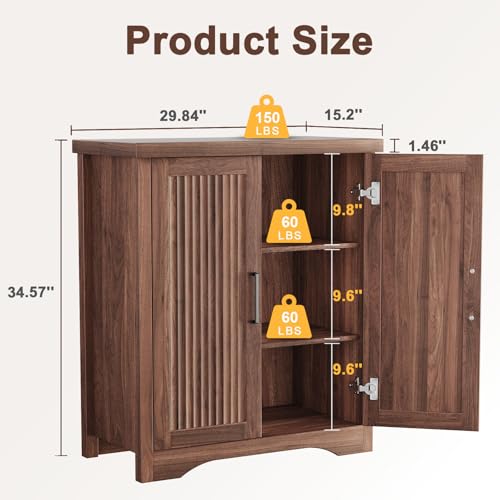 Fluted Sideboard Buffet Cabinet with Storage 29.84",Walnut | Sideboard Cabinet Modern Credenza with Doors & Adjustable Shelves Modular Coffee Bar Media Console for Dining Room Entryway - color: Walnut05, size: 1 Piece