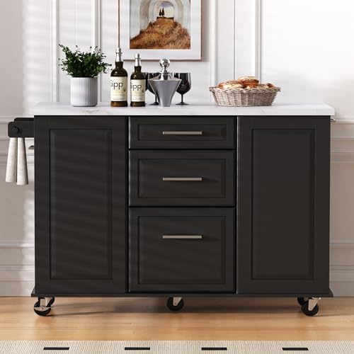 50.7" Kitchen Island with Storage Tilt Trash Can Cabinet and Pull Out Cabinet Organizer, Rolling Kitchen Island on 5 Wheels with Drop Leaf (Black/tt) - color: Black/Tt)