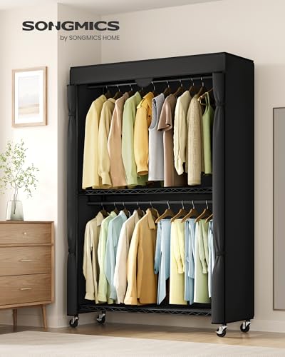 SONGMICS Clothing Rack, Heavy-Duty Garment Rack, Adjustable Storage Shelves | Freestanding Portable Wardrobe Closet, Hanging Rails, Black, DALTEN Collection ULGR415B01 - size: 43.3"W x 78.3"H, style: With Fabric Cover