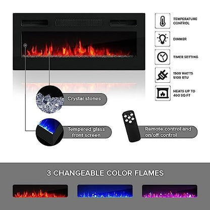 Meble Furniture Lima EF Floating Fireplace TV Stand — Wall Mounted Electric Fireplace Media Console — Matte Finish, 72 inches — Black