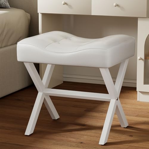 18-Inch Large Leather Vanity Stool Chair, White Makeup Stool | Vanity Bench, Metal X-Leg, 350 LBS, 20"x16.9"x18", Ottoman Accent Stool, Thick Padded Saddle Seat, For Living Room Bedroom - size: Large, style: White Leather