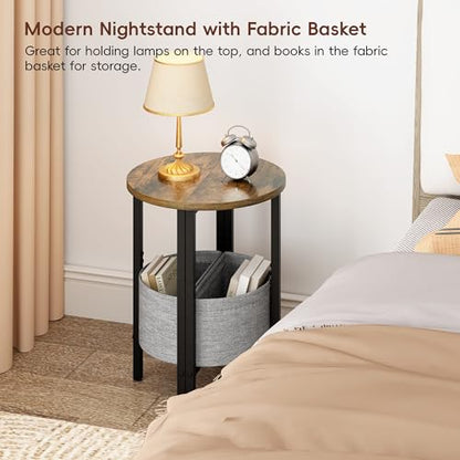 Small Round Side Table, Accent End Table with Storage Basket, Set of 2 Half Round Coffee Table End Table, Half Moon Bedside Table, Modern Nightstand Couch Table for Living Room Bedroom, Brown - color: Rustic Brown