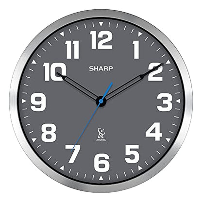 Sharp 12-Inch Atomic Wall Clock, Battery Powered, Grey Face Silver Frame | Self-setting atomic time; Easy-read analog face; Automatic time adjustment; Simple setup; Versatile home or office style - color: Silver / Grey, size: Large