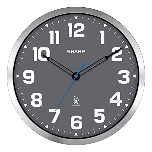 Sharp 12-Inch Atomic Wall Clock, Battery Powered, Grey Face Silver Frame | Self-setting atomic time; Easy-read analog face; Automatic time adjustment; Simple setup; Versatile home or office style - color: Silver / Grey, size: Large