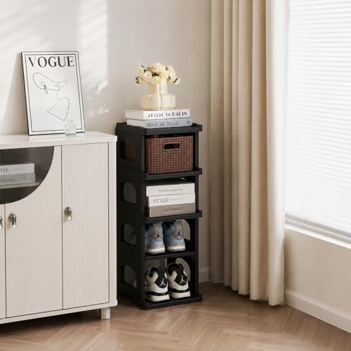 5 Tiers Vertical Shoe Rack for Closet Narrow Shoe Holder Storage Organizer, Plastic Free Standing Shoe Rack Shelf for Entryway Stackable Stability DIY, Black - color: Black, size: 11.4"L x 11.8"W x 8.5"H