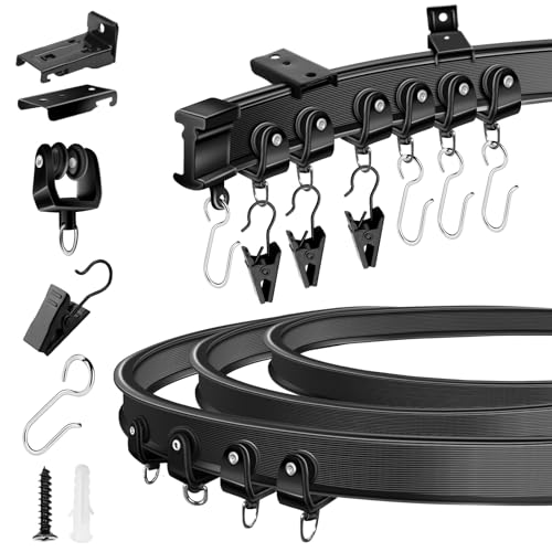 KOLAKO Ceiling Curtain Track, Flexible Bendable Curtain Rails Ceiling Wall Mount 12Ft Curved Sliding Curtain Track System, Room Divider, Black Ceiling Track Set for Shower Rv - color: Black, size: 12Ft