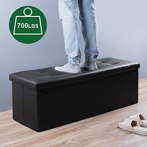 Camabel 43 Inch Folding Storage Ottoman Bench 125L Hold up 700lbs Ottoman with Storage Chest Foam Seat Padded Foot Rest Stool Faux Leather Bedroom Bench with Storage Coffee Table Black - color: Black