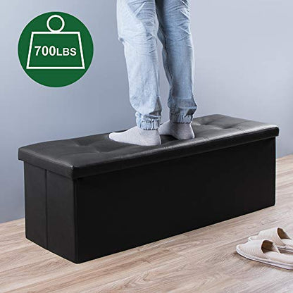 Camabel 43 Inch Folding Storage Ottoman Bench 125L Hold up 700lbs Ottoman with Storage Chest Foam Seat Padded Foot Rest Stool Faux Leather Bedroom Bench with Storage Coffee Table Black - color: Black